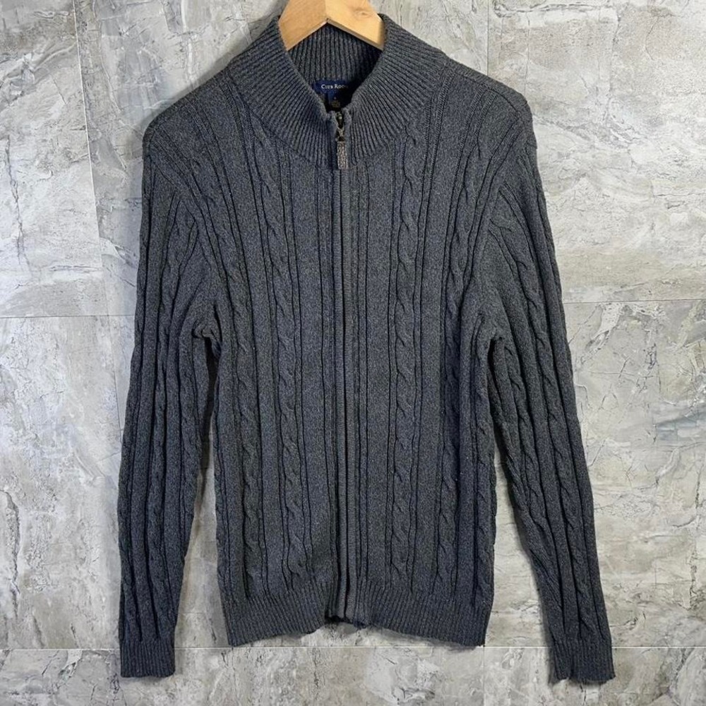 Club Room Mens Pima Cotton Cable Knit  Full Zip Sweater Charcoal.Size Large